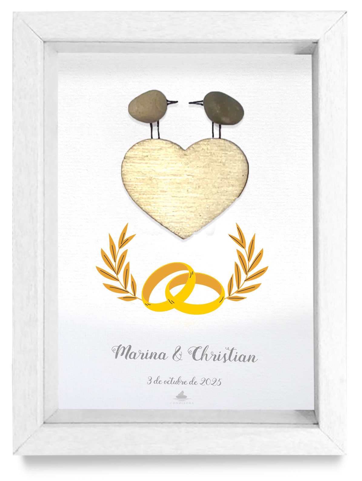 Cuadro para invitados a bodas o eventos en lote Conpiedra, marco blanco.