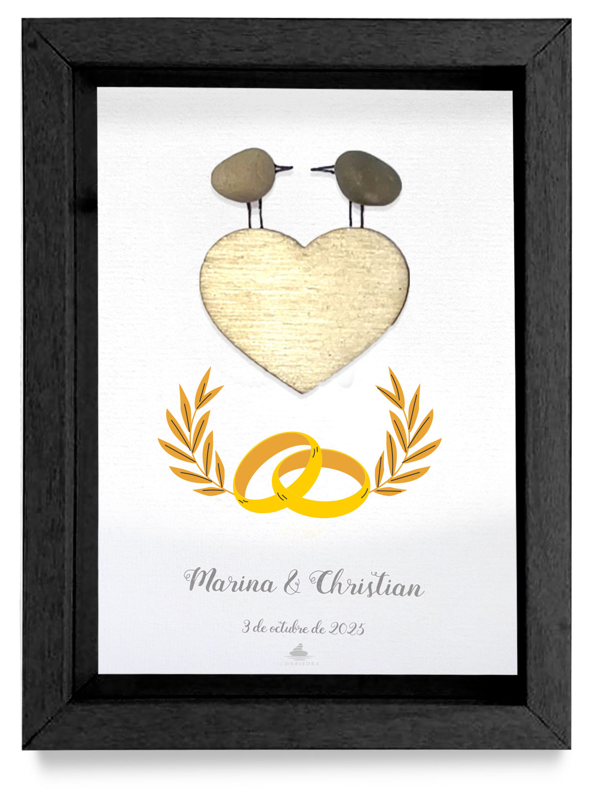 Cuadro para invitados a bodas o eventos en lote Conpiedra, marco negro.