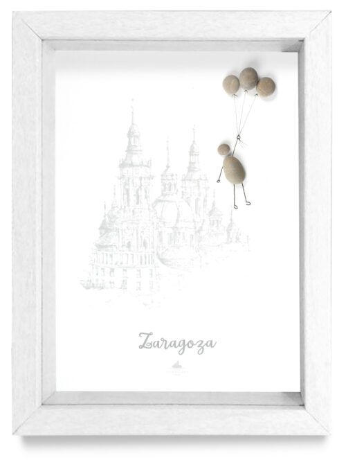 Cuadro Zaragoza con niño en globo marco blanco